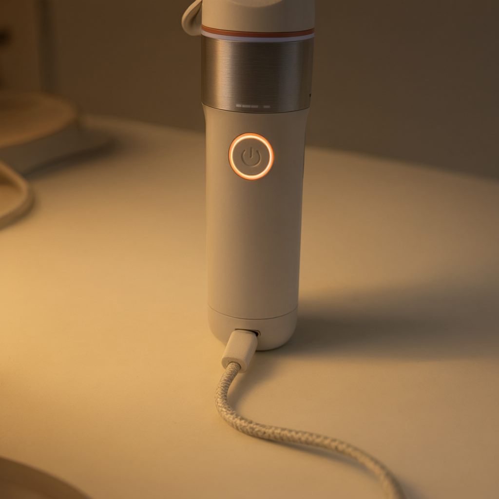 The Glide P1 charging on a shelf at night