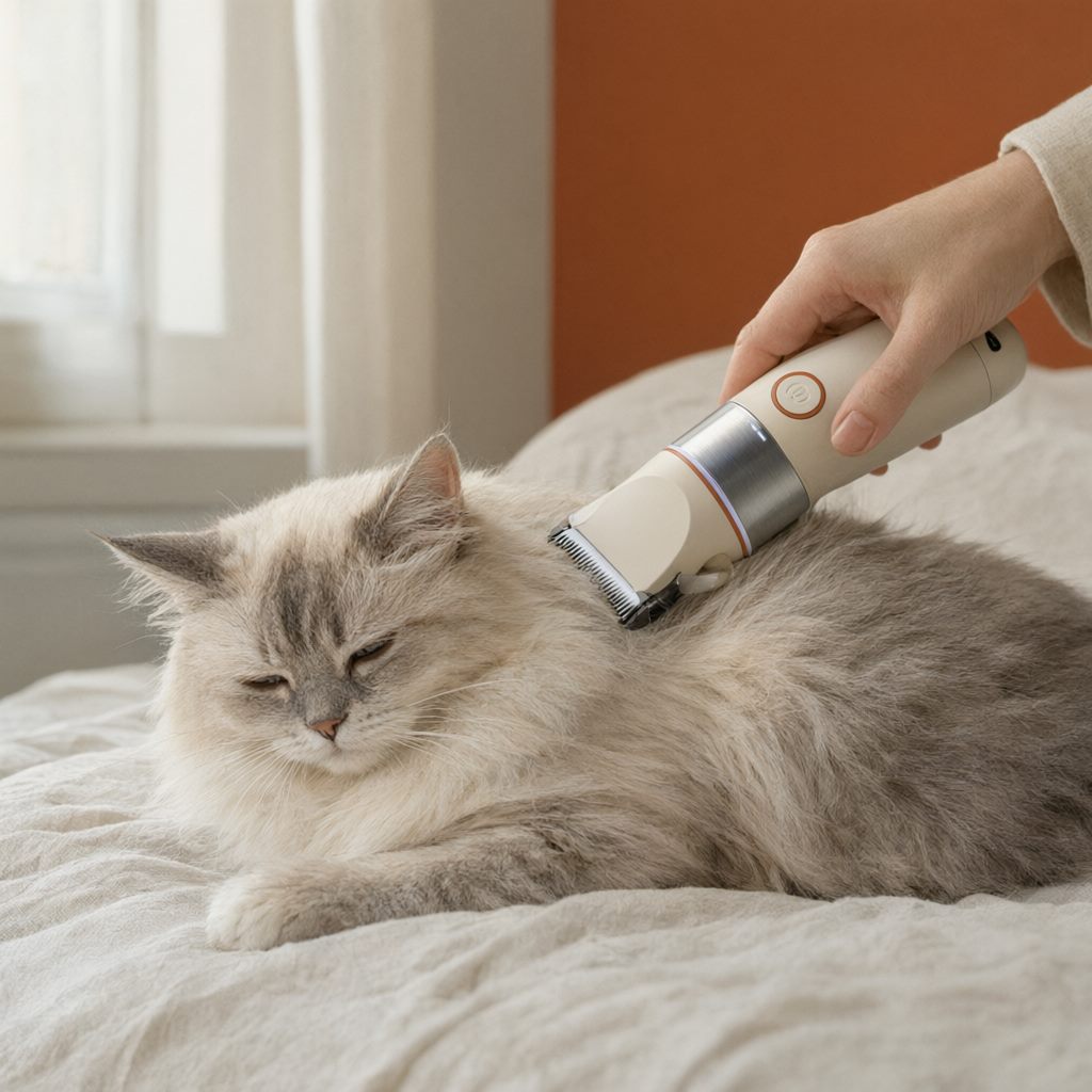 A long-haired cat lying calmly while being groomed with the Glide P1